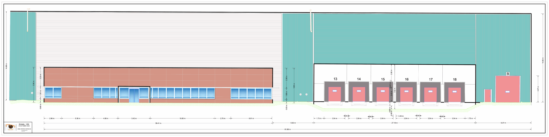 Plan de façade d'un entrepôt logistique, avec cotes et couleurs
